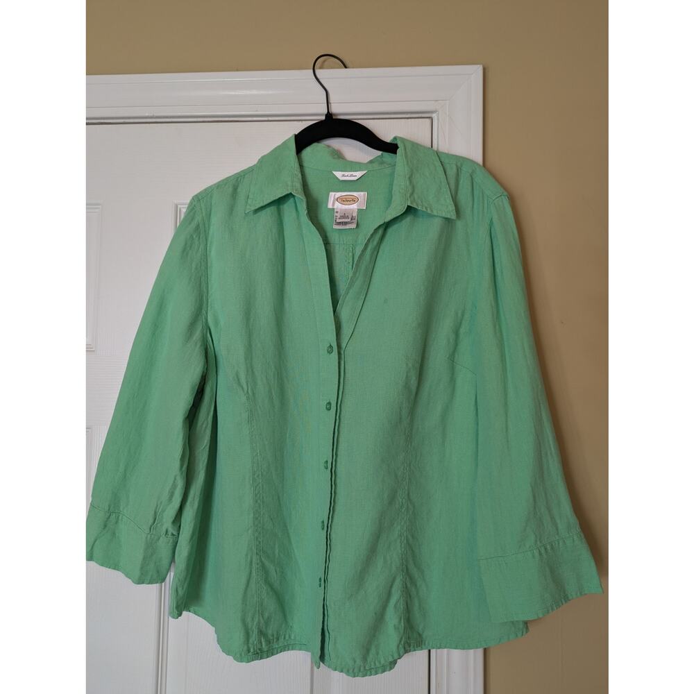 Talbot's Irish Linen Button Up 3/4 Sleeve Shirt Size Large Green Coastal Grandma
